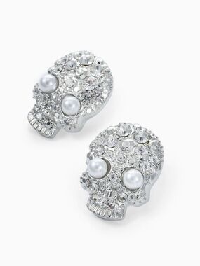 Skull Stud Earrings Rhinestone and Pearl Hypoallergenic